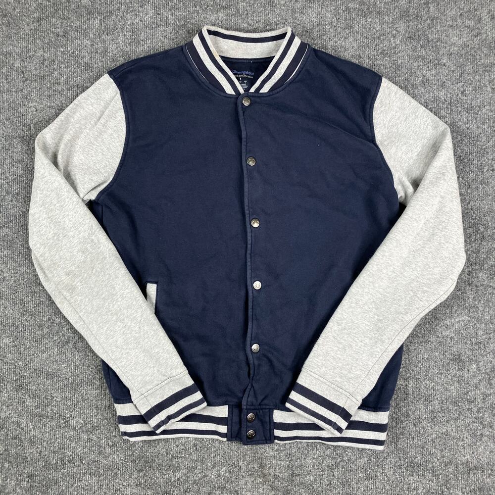 Champion Varsity Jacket Mens S Navy Gray Snap Button Striped‎ Trim Casual